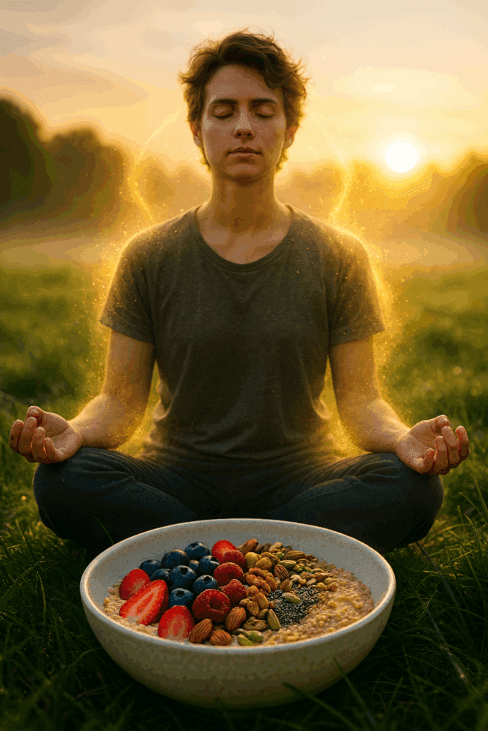 meditating peacefully at sunrise in a lush green field. They are surrounded by a gentle, glowing aura of energy.